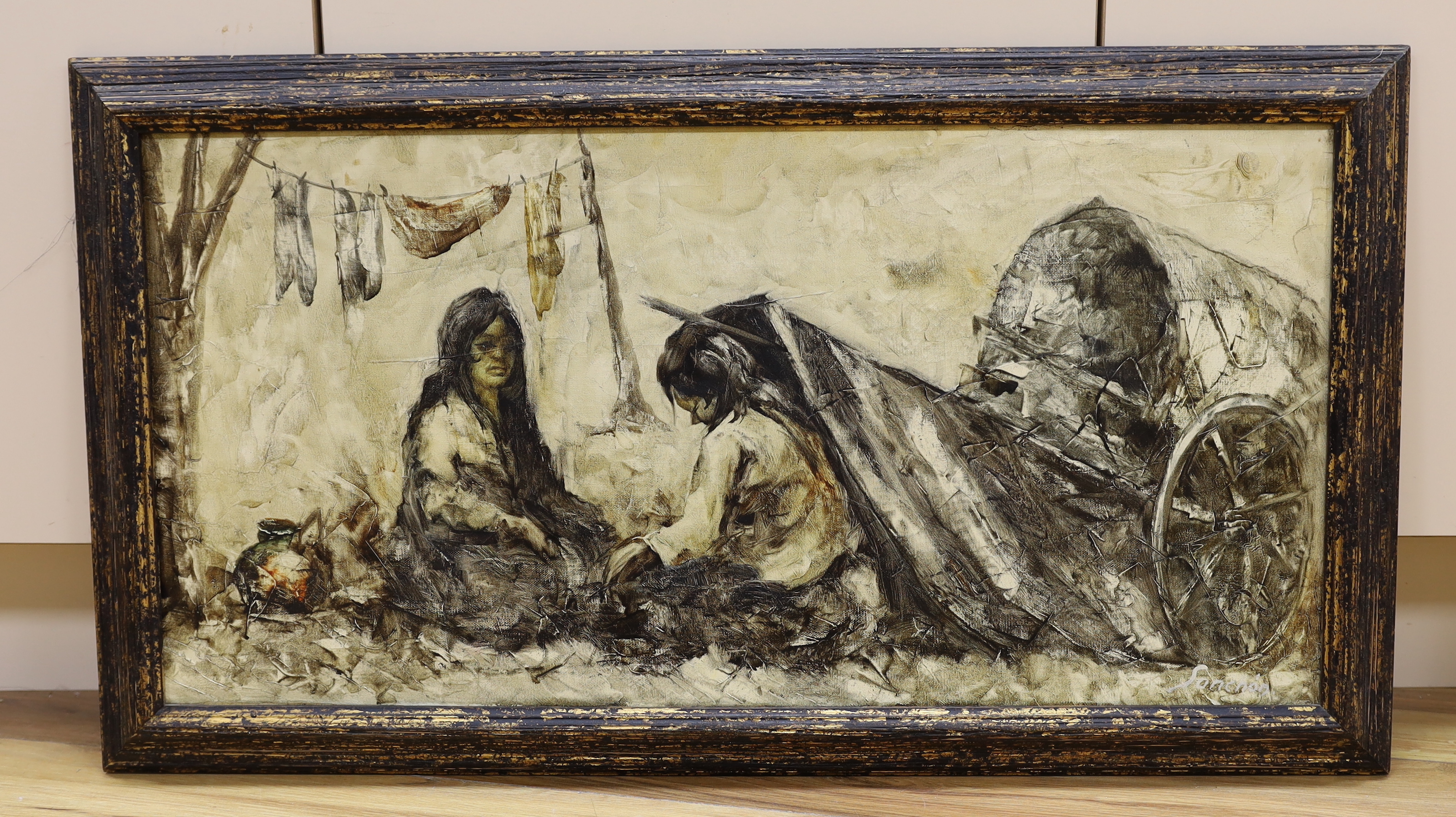 Sanchon, oil on canvas, two seated ladies beside a wagon, signed, 37 x 76cm